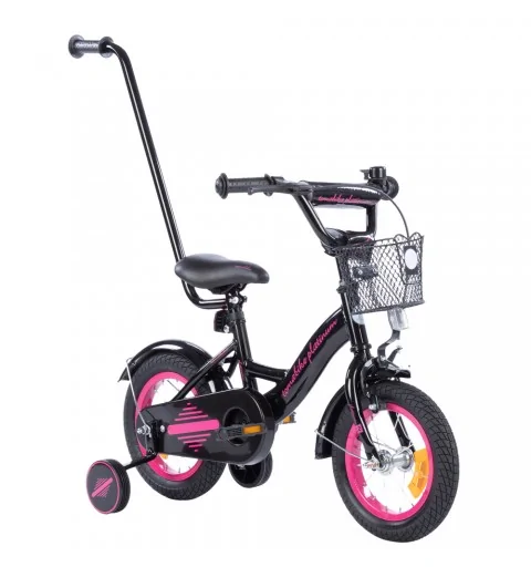 Rowerek dziecięcy 12 cali TomaBike PLATINUM z prowadnikiem | Czarno-Różowy
