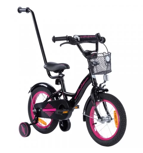 Rowerek dziecięcy 14 cali TomaBike PLATINUM z prowadnikiem | Czarno-Różowy